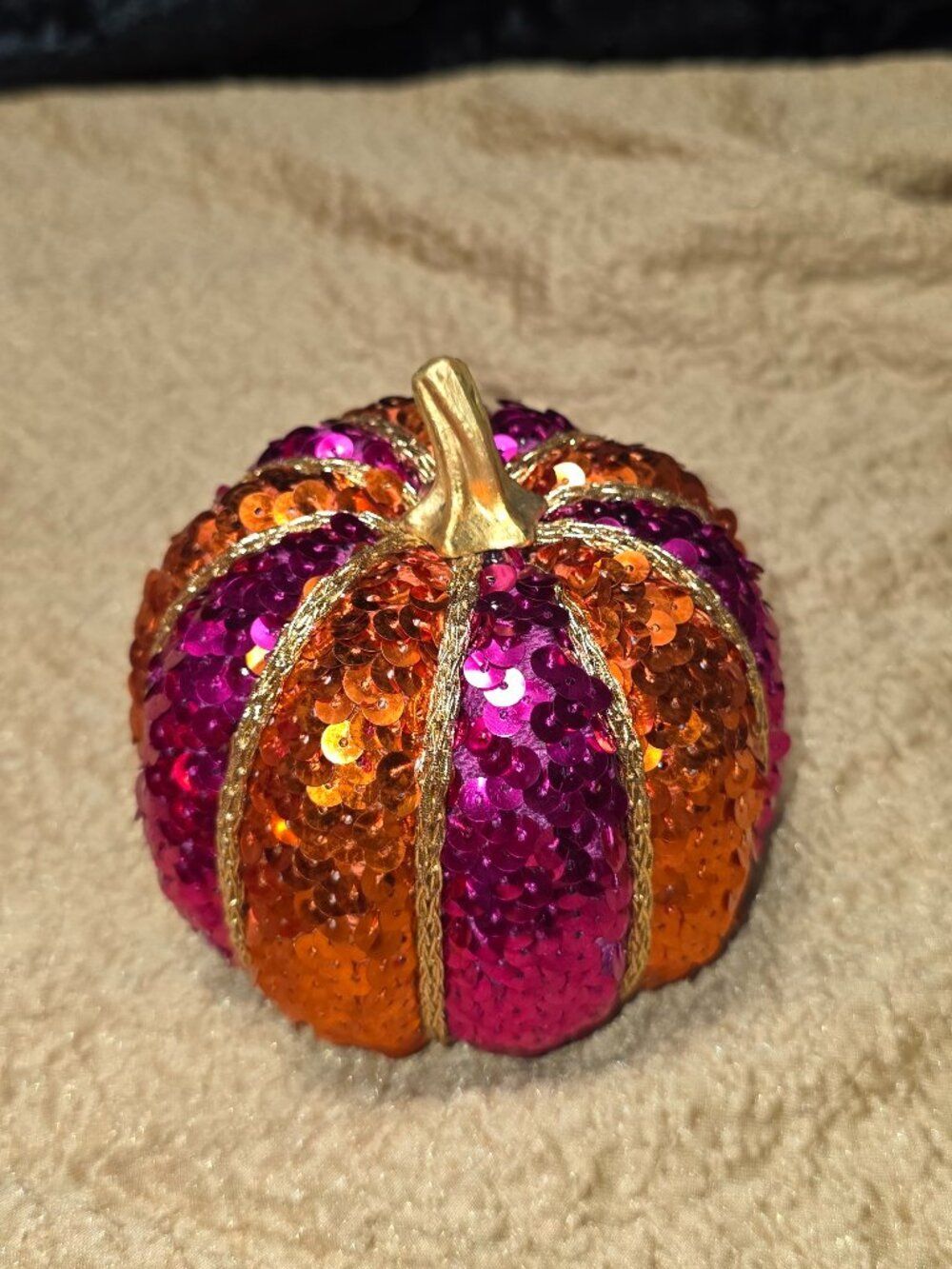 Sequin Pumpkin in Fuchsia & Orange, Hand Crafted, 4.5"Wide X 4.5"Tall